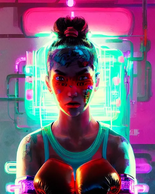 Image similar to detailed portrait Neon boxer Girl, cyberpunk futuristic neon, reflective crop top and shorts, boxing gloves, decorated with traditional Japanese ornaments by Ismail inceoglu dragan bibin hans thoma greg rutkowski Alexandros Pyromallis Nekro Rene Maritte Illustrated, Perfect face, fine details, realistic shaded, fine-face, pretty face