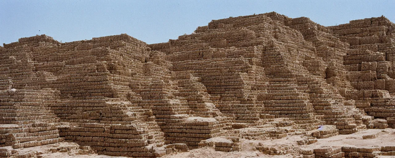 Image similar to an ancient mesopotamian ziggurat built with spaghetti, architectural, minimal, canon 5 0 mm, wes anderson film, kodachrome