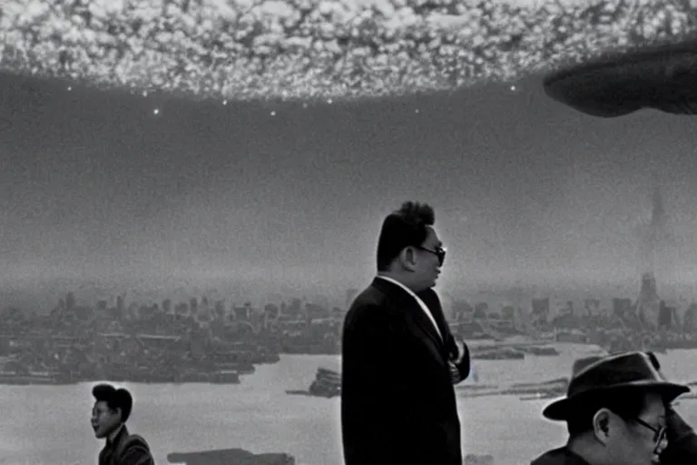 Image similar to a filmstill of Kim Jong-il looking at Starro Kaiju monster destroying Pyongyang, in Dr Strangelove by Stanley Kubrick (1964), traditional Korean city, palace, epic ultrawide shot, cinémascope
