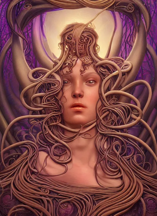 Prompt: medusa, wooden art nouveau swirls, strong subsurface scattering, in the style of james jean and tomasz alen kopera, mystical colors, rim light, soft lighting, 8 k, stunning scene, raytracing, octane render, trending on artstation