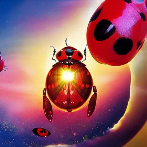Image similar to film still, future ladybug ( ( descendants ) ), ladybug quadruped with big rgb eyes, huge ladybug mothership, epic cosmos, dramatic lighting, ( e. t. the extra - terrestrial ), batteries not included. imax, 7 0 mm.