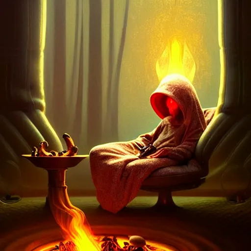 Image similar to mushroom alien sitting in a recliner by the fire smoking a pipe and wearing a soft robe and slippers, symmetrical, elegant intricate digital painting, trending on artstation, by artgerm and greg rutkowski and alphonse mucha