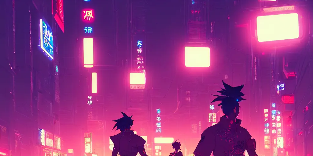 Image similar to digital illustration closeup of cyberpunk samurai in city street at night by makoto shinkai, ilya kuvshinov, lois van baarle, rossdraws, basquiat | afrofuturism, in the style of hearthstone, trending on artstation | cool color scheme