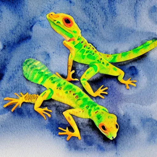 Image similar to a simple watercolour painting of two geckos dancing tango