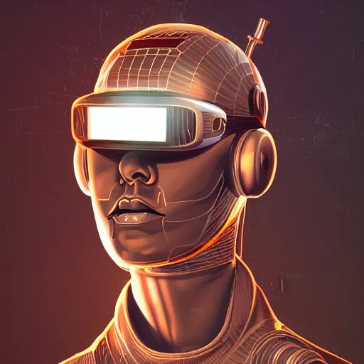 Image similar to retro vintage sci - fi, cyborg robot wearing vr headset, 3 d illutration, profile portrait, night, detailed, cyberpunk style, character, ai, detailed,