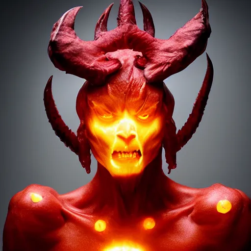 Image similar to a demon inspired by the sun created by the make up artist hungry, photographed by andrew thomas huang, cinematic, expensive visual effects