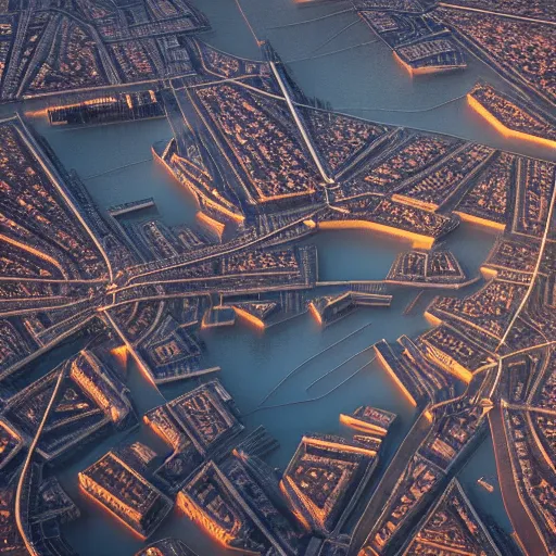 Image similar to aerial photo of futuristic technologic advanced venice city. photorealistic, trending on artstation, volumetric lighting, 4 k, award winning