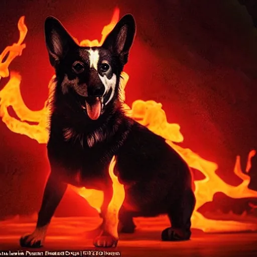 Prompt: hellhound with the head of a corgi and the body of a demon dog, flames, dark and intense red lighting, the hellhound is snarling, ultra realistic