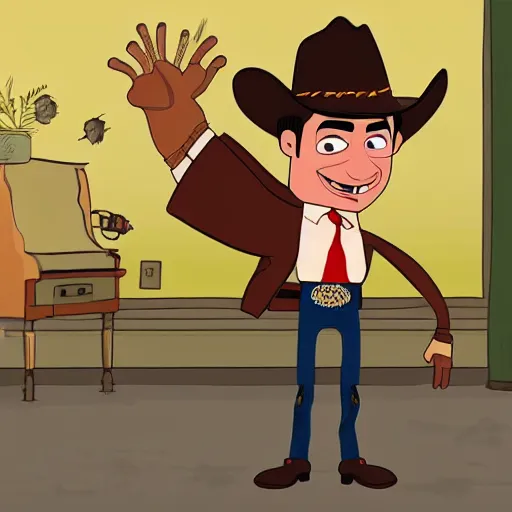 Image similar to detailed cartoon portrait of nathan fielder cowboy dancing, pixar, sharp high quality