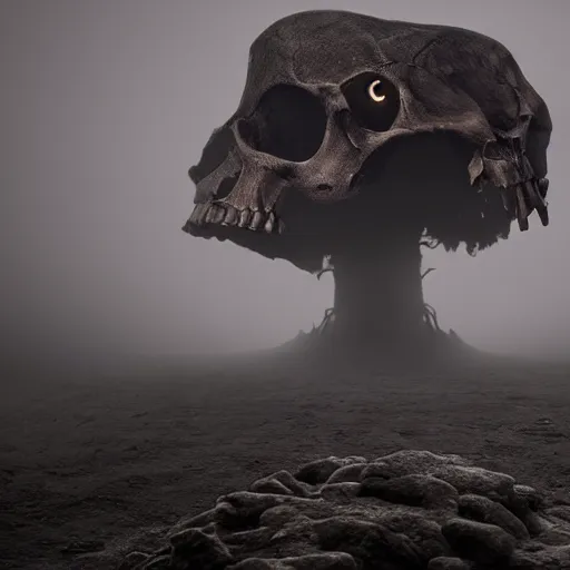 Image similar to a giant skeleton walks the earth, dark landscape, fog, matte painting