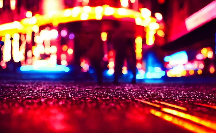 Image similar to macro view of a giant of 1 km of hight walking on the big city, tron, close up bokeh hiperrealistic neon glow darkness dramatic neon, sharp focus, octane render, imax