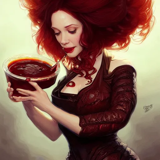 Prompt: Christina Hendricks Eating BBQ Ribs, dripping BBQ Sauce, D&D, fantasy, intricate, elegant, highly detailed, digital painting, artstation, concept art, matte, sharp focus, illustration, hearthstone, art by Artgerm and Greg Rutkowski and Alphonse Mucha