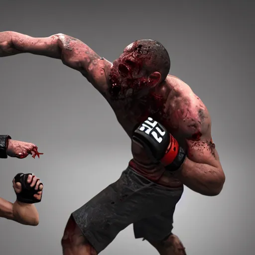 Image similar to action shot of a zombie ufc fighter punching his opponent in the octagon, 4 k, artstation, detailed