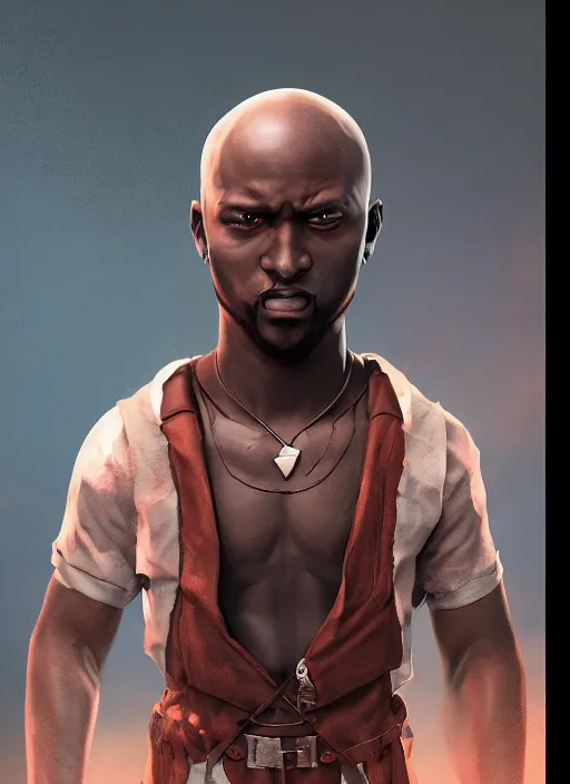 Image similar to An epic fantasy comic book style portrait painting of a young dark skinned thief with broad shoulders and a bald head in a vest, unreal 5, DAZ, hyperrealistic, octane render, cosplay, RPG portrait, dynamic lighting