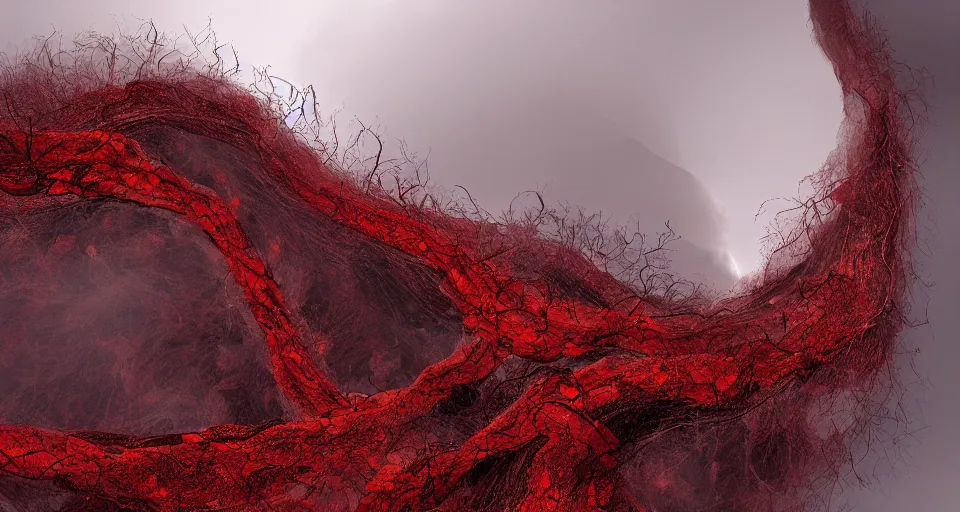 Image similar to a volcano made of ivory vines and crimson rocks enters in eruption, it spits a smoke in the shape of demonic eye, by Peter Holme III