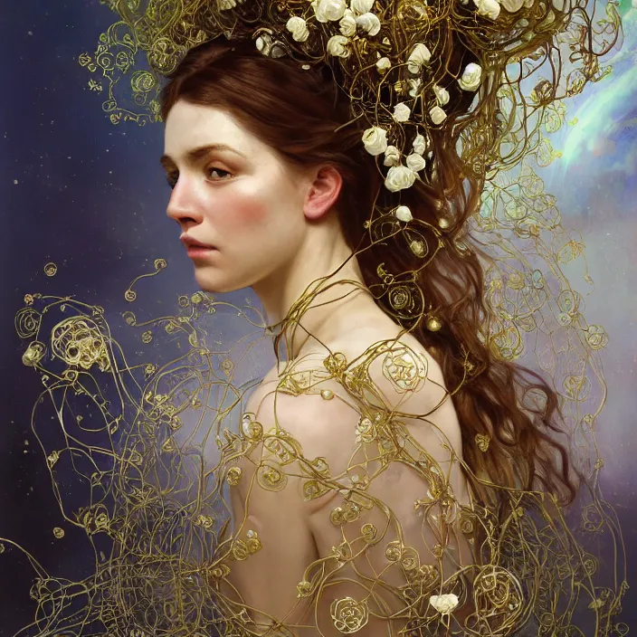 Prompt: hyperrealist portrait of a 2 0 4 4 space sport engineer, it is decorated with long gold wires and white roses that fall like vines and wears a huge computer crown. by jeremy mann and alphonse mucha, fantasy art, photo realistic, dynamic lighting, artstation, poster, volumetric lighting, dramatic light, very detailed faces, 8 k, award winning