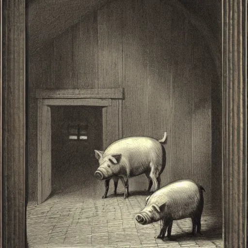 Image similar to pig in a tuxedo walk out of a barn, dramatic lighting, creepy, farm background chiaroscuro, high detail, illustration by gustave dore