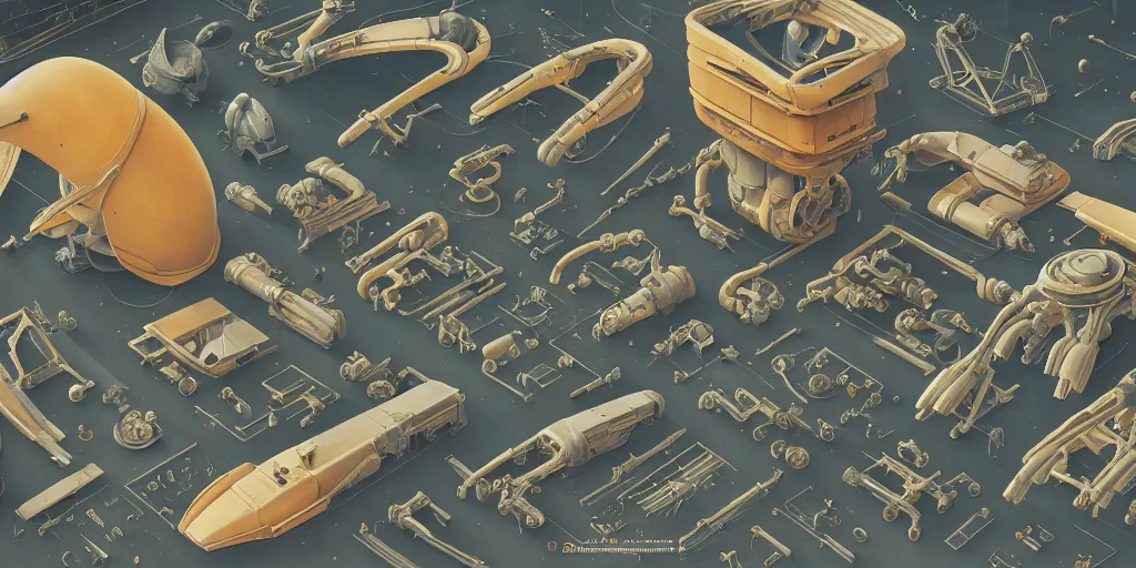 Prompt: collection of exploration of form and shapes, moebius, engine, props, hard surface, panel, simon stalenhag, kitbash, items, gadget, big medium small, close up, vehicles, futuristic, parts, machinery, greebles, insanely detailed, case, hardware, golden ratio, wes anderson color scheme, in watercolor gouache detailed paintings