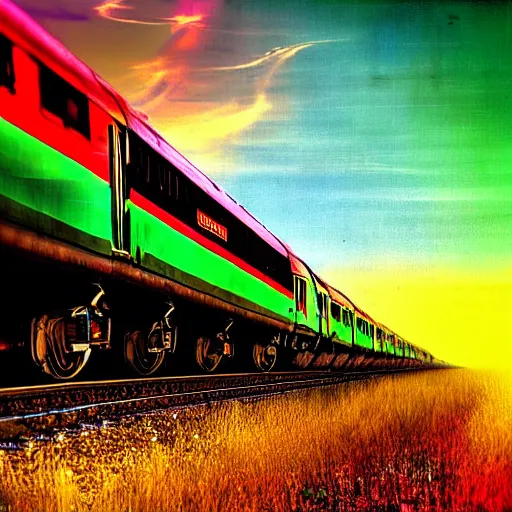 Image similar to A digital art of an Indian train flying through the sky with magical jet turbines, but as a photograph