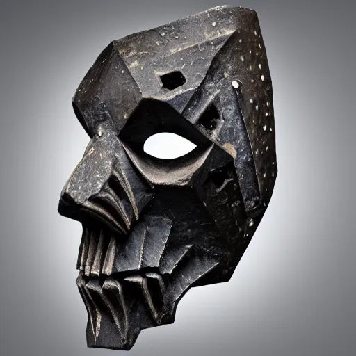 Image similar to symmetrical product photograph of a highly detailed ominous mask made from fragmented bone and obsidian, angry