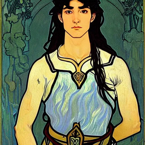 Image similar to painting of young handsome beautiful paladin elf!! man with long! wavy dark hair in his 2 0 s named taehyung minjun at the blueberry party, wearing armor!, long hair, elf ears, elegant, clear, painting, stylized, delicate, soft facial features, art, art by alphonse mucha, vincent van gogh, egon schiele,