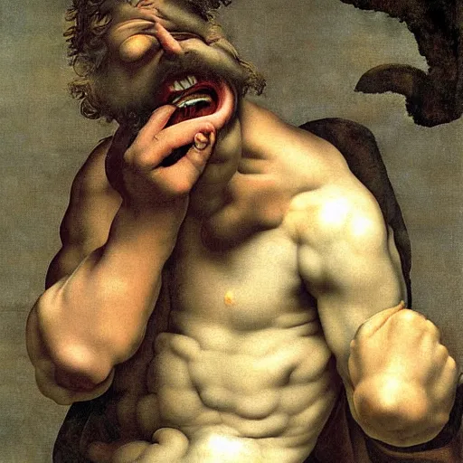 Image similar to screaming man, high detail painting by michelangelo