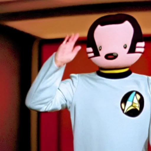 Image similar to mark zukerberg as Data from Star Trek wearing a hello kitty t-shirt, movie still from Star Trek