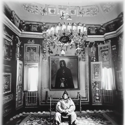 Image similar to ivan the terrible in his palace in moscow play with lego castle, kodak, old photo, black and white, film, wide lens, 1 6 mm,