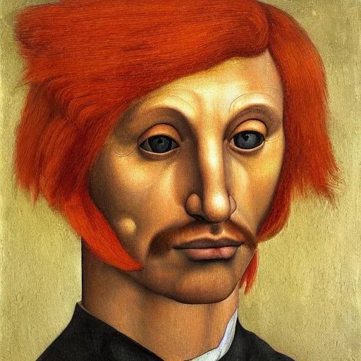 Prompt: a painting of a man with orange hair, a surrealist painting by andrea mantegna, featured on behance, renaissance, da vinci, pre - raphaelite, surrealist