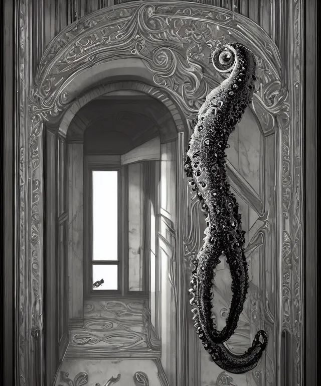 Prompt: horrifying photorealistic image of a 1 9 2 5 hotel elevator lobby, elevator doors look like a mouth, with a tentacle - shaped tongue, licking out, dark, atmospheric, brooding, smooth, finely detailed, cinematic, epic, in the style of lee gibbons