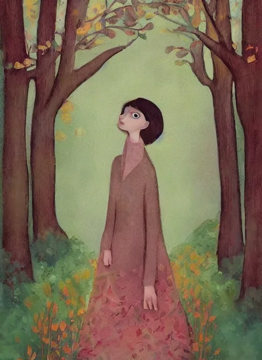 Image similar to a wonderful childrens illustration book portrait painting of a woman with serene emotion, art by tracie grimwood, forest, trees, many leaves, birds, whimsical, aesthetically pleasing and harmonious natural colors