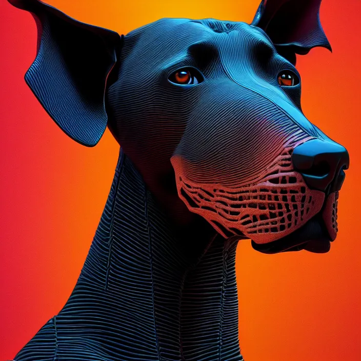 Prompt: portrait of Doberman as skeleton. intricate abstract. intricate artwork. by Tooth Wu, wlop, beeple, dan mumford. octane render, trending on artstation, greg rutkowski, very coherent symmetrical artwork. cinematic, hyper realism, high detail, octane render, 8k, iridescent accents, deep blacks