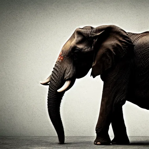 Image similar to an elephant falling apart and crumbling to dust to the air, photorealistic