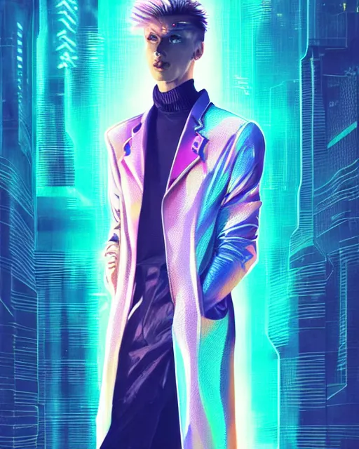 Prompt: detailed portrait of European Pale Blonde hair Stylish Guy Sheen Holographic Jacket coat, Futuristic sci-fi fashion, royal attire Akira, Evangelion, cyberpunk, neotokyo, synthwave, aesthetics, futuristic, low-emission-neon, bladerunner movie scene by ismail inceoglu dragan bibin hans thoma greg rutkowski Alexandros Pyromallis Nekro Rene Margitte illustrated Perfect face, fine details, realistic shaded, fine-face, pretty face sharp chine