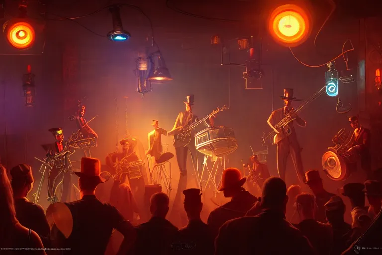 Prompt: 3 steampunk robot jazz musicians playing at a night club, focus on the musicians, cinematic lighting, exaggerated detailed, unreal engine, octane render, trending on artstation, art by greg rutkowski and andreas rocha