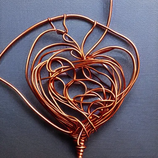 Image similar to a very beautiful tiny ( human heart )!!!!!!!!!!!!!!!!!!!!!!!!! organic sculpture made of copper wire and threaded pipes, very intricate, curved. studio lighting, high resolution, high quality, black background