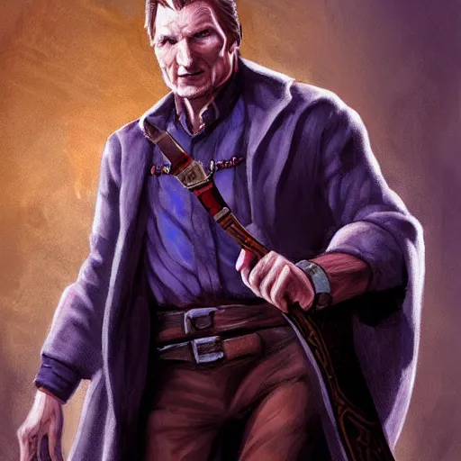 Prompt: Liam Neeson as Burl Gage, Antimage, iconic Character illustration by Wayne Reynolds for Paizo Pathfinder RPG