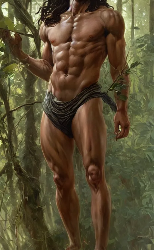 Image similar to young god of the forest, male, gorgeous, detailed face, anatomically correct hands!!!!!!, amazing, thighs!!!!!!, muscular, intricate, highly detailed, digital painting, artstation, concept art, sharp focus, illustration, art by greg rutkowski and alphonse mucha