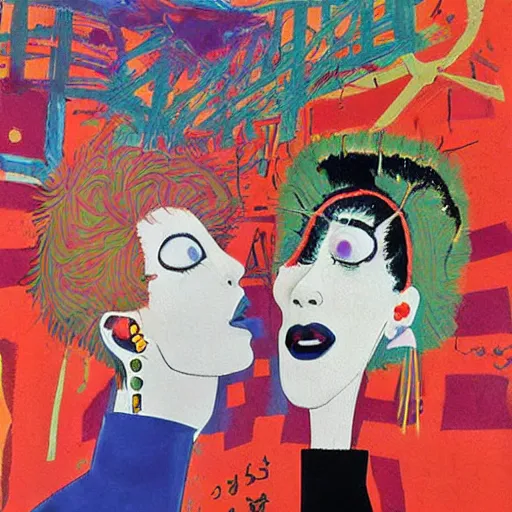 Image similar to beautiful painting of two bizarre psychedelic women kissing each other closeup in japan, speculative evolution, mixed media collage by basquiat and junji ito, magazine collage art, paper collage art, sapphic art, lesbian art