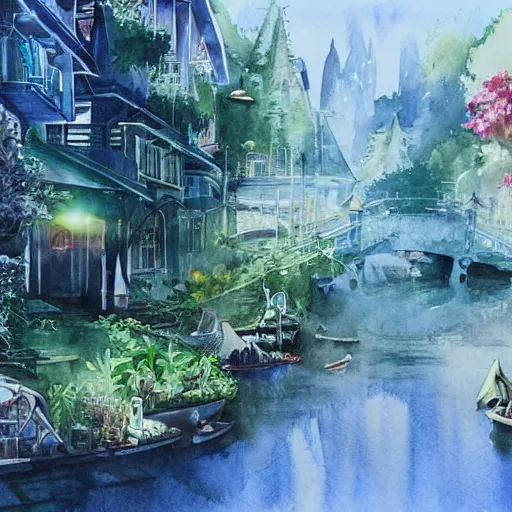 Image similar to Beautiful happy picturesque charming sci-fi town in harmony with nature. Beautiful light. Water and plants. Nice colour scheme, soft warm colour. Beautiful detailed artistic watercolor by Vincent. (2060)