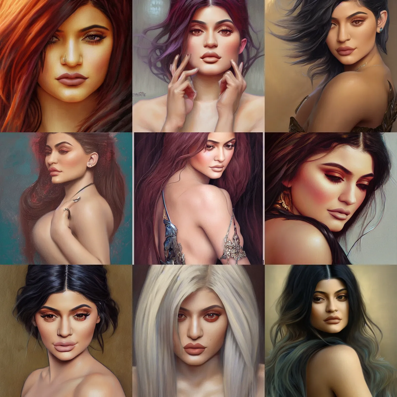 Image similar to portrait of Kylie Jenner, unreal, fantasy, intricate, elegant, dramatic, highly detailed, photorealistic, digital painting, painterly, artstation, concept art, smooth, sharp focus, art by John Collier and Krenz Cushart and Artem Demura and Alphonse Mucha and Albert Aublet