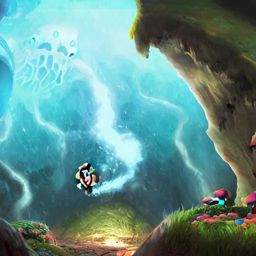 Image similar to the abyss, cave portal entrance into the Mushroom Kingdom, detailed Mario running towards portal, fantasy artwork, award winning, very very very very beautiful scenery, artstation