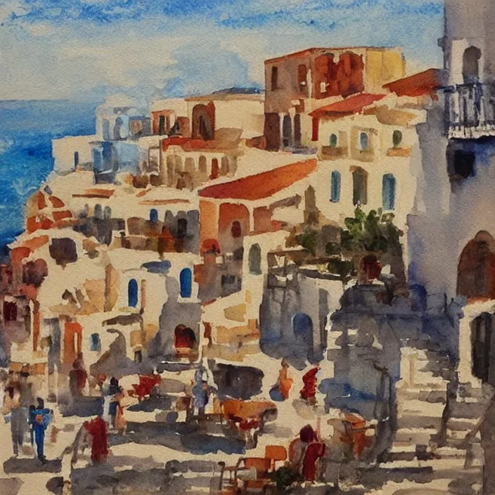 Image similar to old greek town by the sea on a hot summer day, watercolor painting, morandi color palette, very beautiful masterpiece by a very talented artist, extremely detailed stunning, dreamy, melancholy , poetic, nostalgic