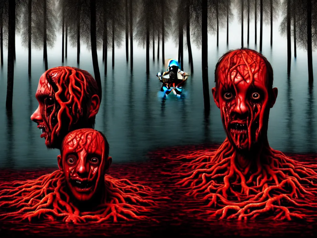 Image similar to a portrait of a man with five heads, twelve arms, sitting on chair made of human limbs, the chair is floating in a lake of blood, around the lake are melting trees, the man's limbs are merging with the trees, digital art, hyperrealistic nightmare scene, supernatural, highly detailed, creepy, terrifying