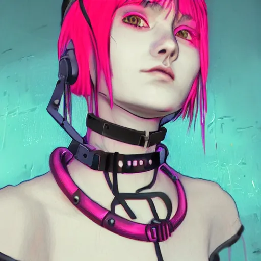 Image similar to detailed realistic cyberpunk female character cyberpunk wearing large steel collar around neck, realistic, art, beautiful, 4K, collar, choker, collar around neck, punk, artstation, detailed, female, woman, choker, cyberpunk, neon, punk, collar, choker, collar around neck, thick collar, choker around neck, wearing choker, wearing collar, bright neon punk hair, collar, choker,