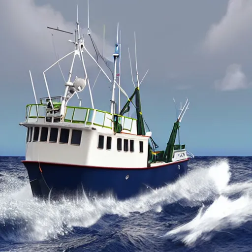 Prompt: uk registered fishing trawler, fishing boat, commercial fishing hyper realistic, very accurate, stormy seas