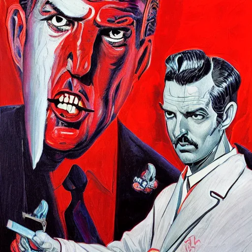 Image similar to vincent price as billionaire howard hughes in sci fi robes and high collar, vivid, rocket factory in the background, mike mignogna, illustration, dynamic and dramatic, highly detailed, rough paper, dark, oil painting