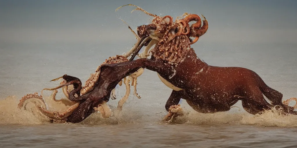 Prompt: national geographic photo of horse full of octopus being eaten by african hunting dogs