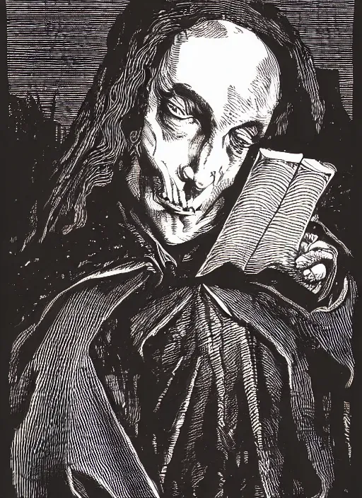 Image similar to dracula reading a book, art by james o barr and albrecht durer, woodblock print, engraved, black and white, vector, vector art