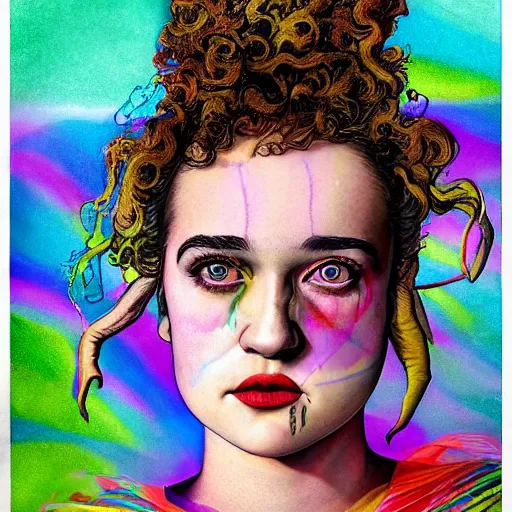 Prompt: surrealism psychedelic portrait sketch of julia garner as delirium of the endless in fishnet top and rainbow tutu skirt from the sandman, floating goldfish, green and blue eye heterochromia by alex ross, josh kirby, detailed, elegant, intricate